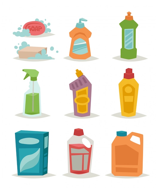 Vettore due bottiglie di plastica spray detergente con illustrazione piatta liquido di pulizia.