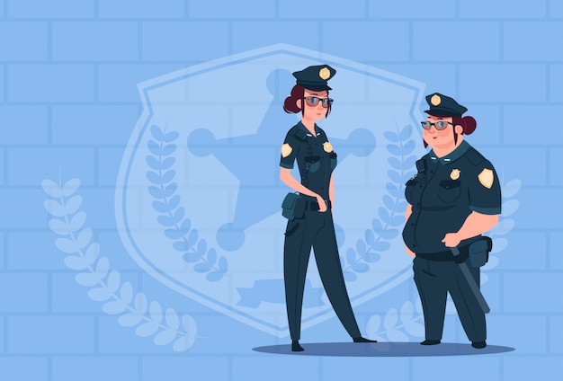 Two Police Women Wearing Uniform Female Guards On Blue Bricks Background