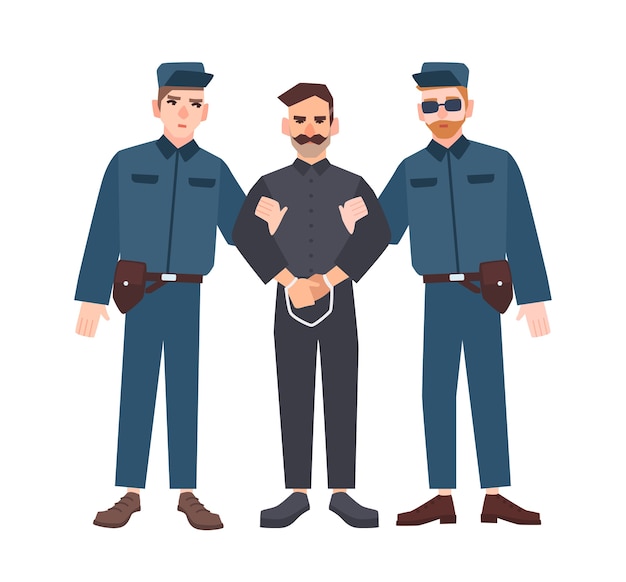 Vector two policemen in uniform holding male criminal or prisoner in handcuffs