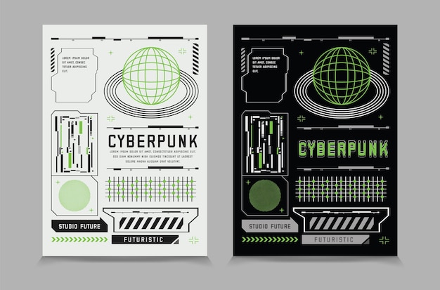 Vettore due poster per cyberpunk vengono visualizzati su uno sfondo grigio