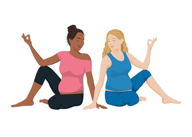 Vector two pregnant woman in the lotus position set