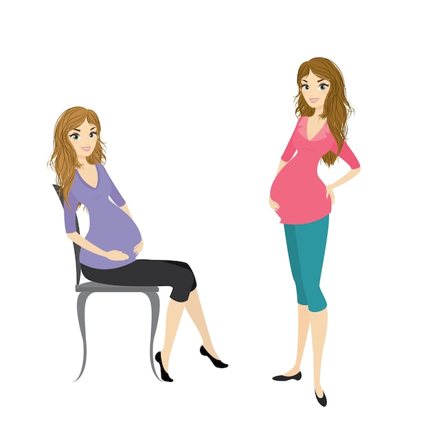 Two pregnant women standing and sitting isolated on white background cartoon vector illustration