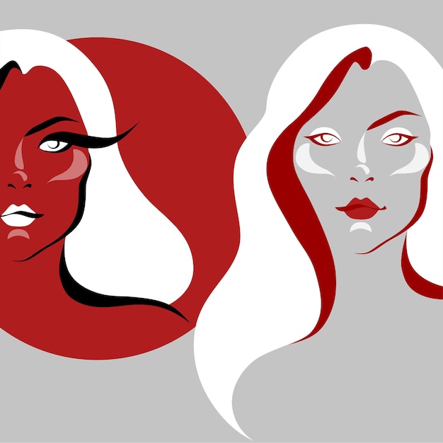 Two pretty whitehaired women Bright abstract illustration of two girls Red and white picture