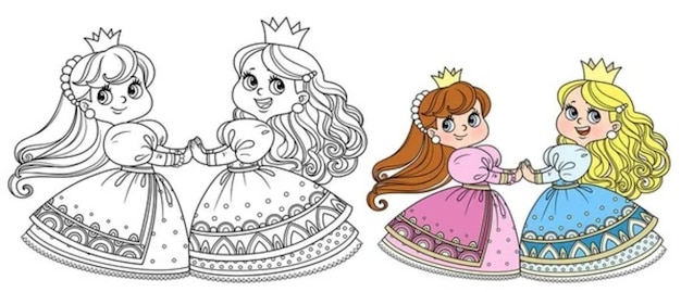 Two Princess dancing holding a coloring book in their hands