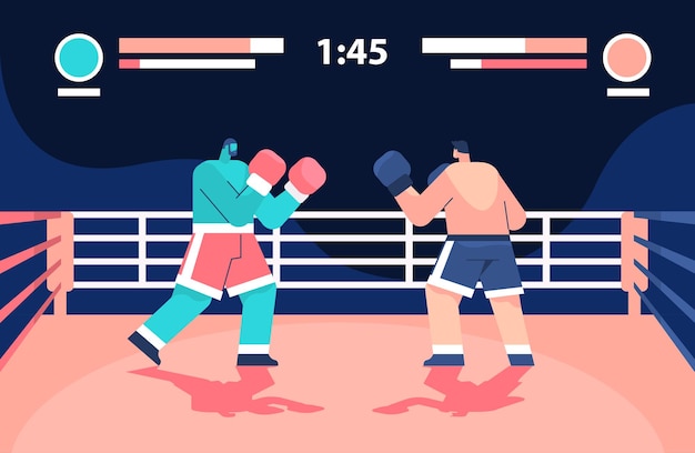 Vector two professional boxers fighting on arena boxing online platform video game level e-sport concept computer screen horizontal full length vector illustration