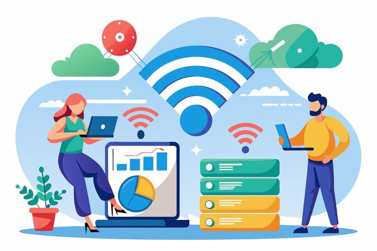 Vector two professionals install data through wifi while managing network systems and visual data representations install data with wifi