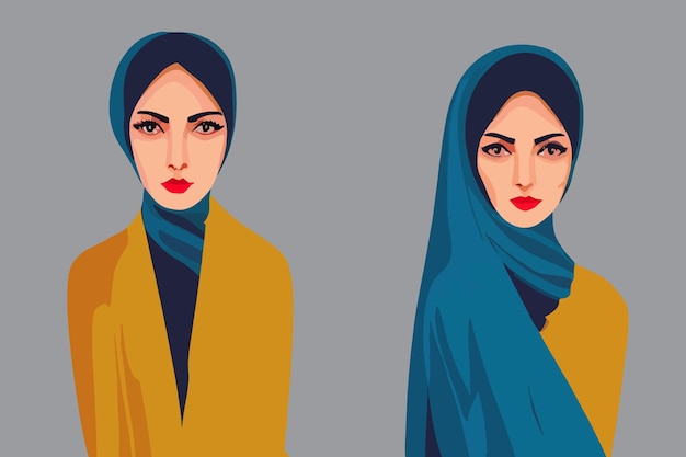 Vector two proud iranian women dressed in hijab in blue yellow