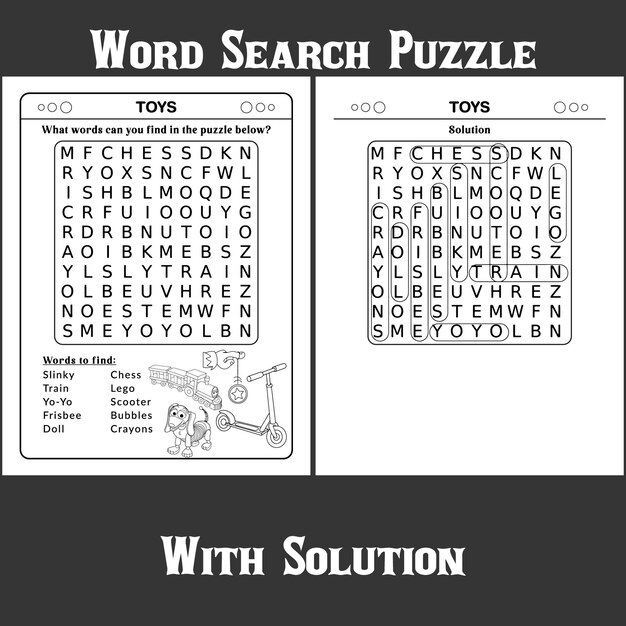 Two puzzle pieces with the word search puzzle on the top.