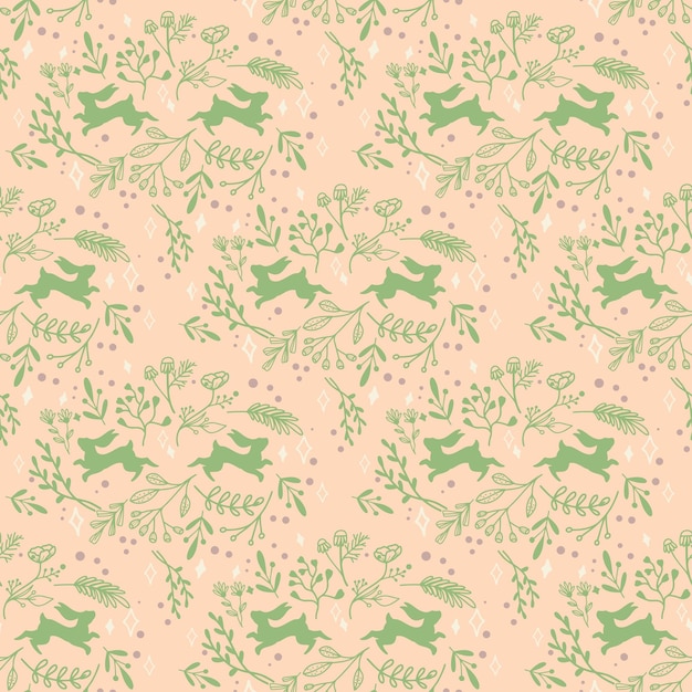 Vector two rabbits in flowers and leaves folk ornament in pastel colors seamless pattern