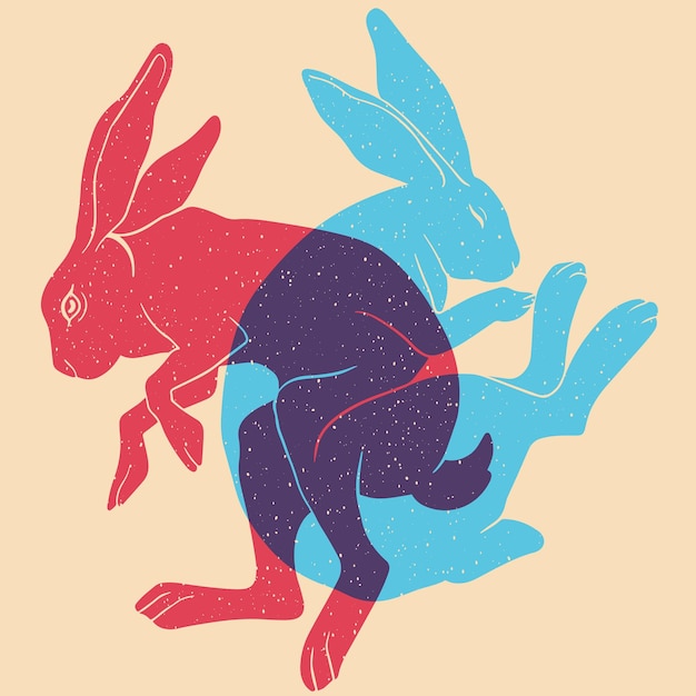 Two rabbits. Vector illustration. Risograph print effect. Glitch effect. Vector illustration.