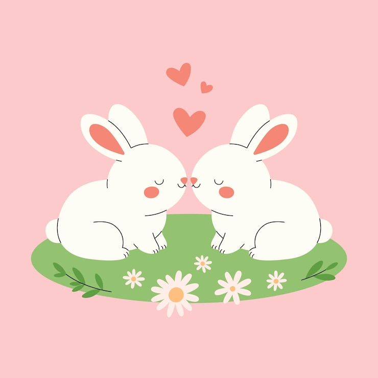 Vector two rabbitts in love sitting together romantic rodents couple on the grass with chamomiles