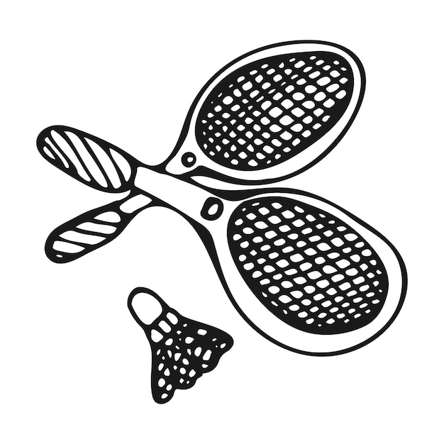 Vettore due racchette e un volano per giocare a badminton in stile doodles racchette da tennis