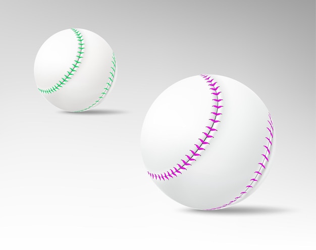 벡터 보라색과 초록색 매가 있는 두 개의 현실적인 3d 야구 공