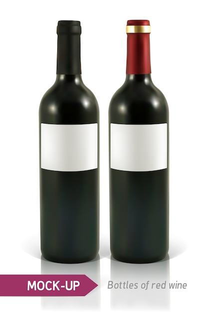 Two realistic bottle of red wine on a white background with reflection and shadow