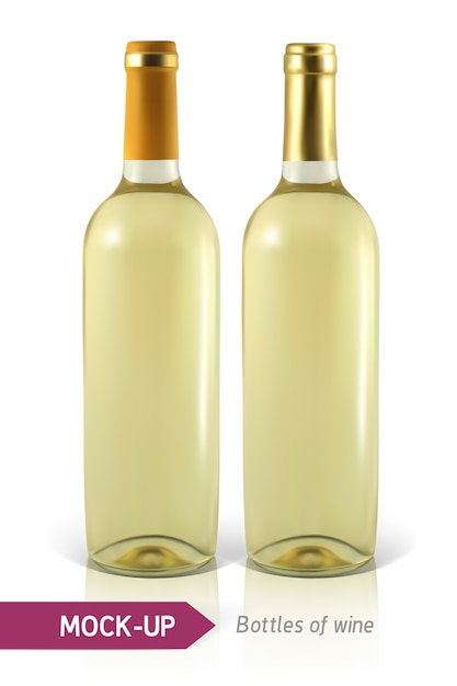 Vettore due bottiglie realistiche di vino bianco su uno sfondo bianco con riflessi e ombre. modello per l'etichetta del vino.