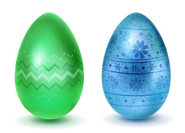 Vettore due uova di pasqua realistiche con diversi modelli di struttura della superficie e simboli di vacanza nei colori azzurro e verde con ombre su sfondo bianco