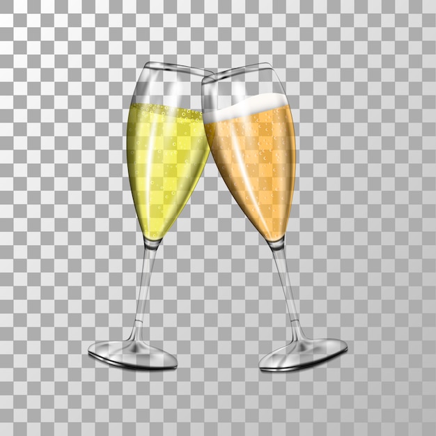 Transparent Realistic Two Glasses Of Champagne With Ribbons And