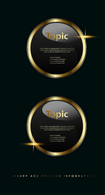 Two realistic gold buttons user interface circular processing vector illustration design on dark