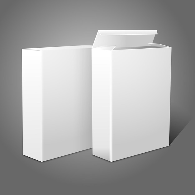 Two realistic white blank paper packages for cornflakes muesli cereals etc isolated on grey