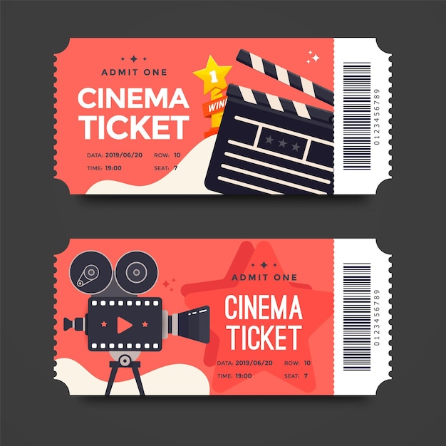 Two red cinema tickets with flat movie camera and clapperboard Vector template