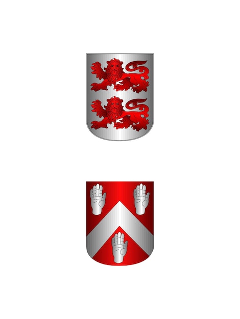 два красных и серых щита с красным драконом справа