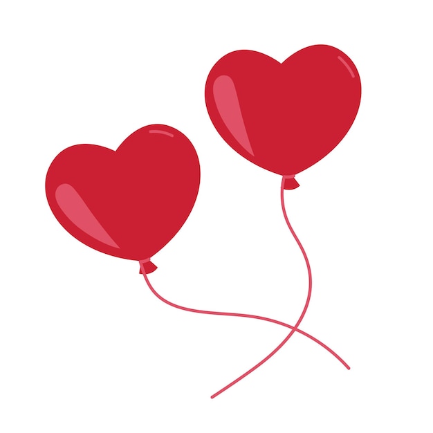 Two red heart balloons isolated on white background. Vector flat illustration for valentine's day