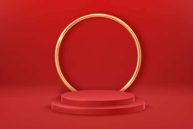 2 つの赤い丸い表彰台と円の形をした金色の装飾 授賞式のコンセプト