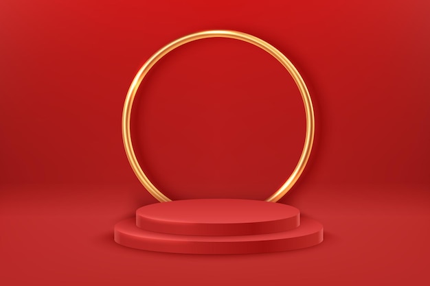 Two red round podiums and golden decor in a shape of circle Award ceremony concept