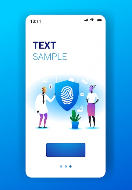 지문 가드 개인 정보 보호 데이터 인공 지능 기술 개념 모바일 애플 리 케이 션 스마트 폰 화면 수직 전체 길이 복사 공간으로 방패를 들고 두 로봇