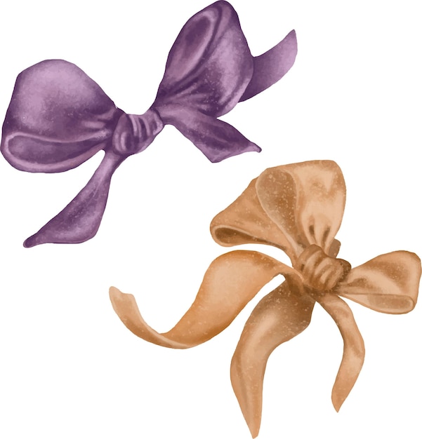 Two satin bows pink and gold color digital illustration watercolor style isolated on white