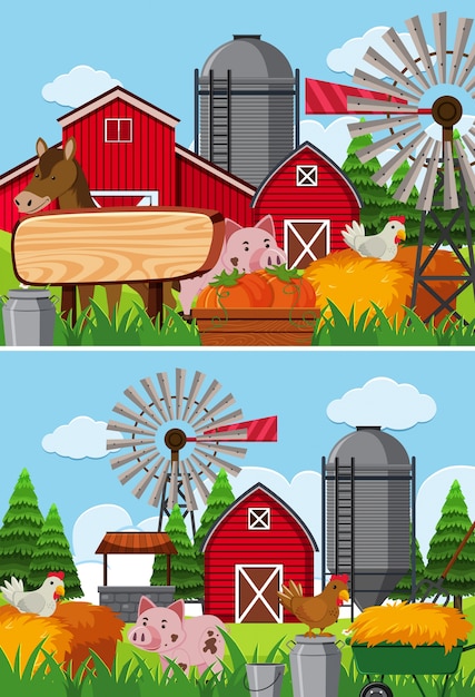 Vector two scenes of farmland with many animals