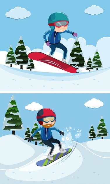 Two scenes with people snowboarding 