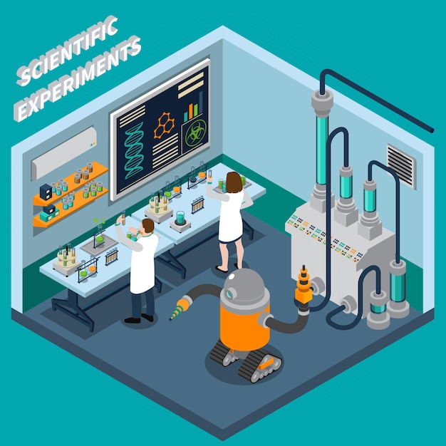 Vector two scientists working in laboratory with robot and various equipment illustration