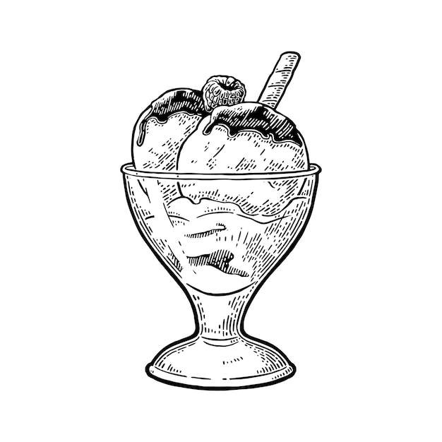 Vector two scoops of ice creams in bowl with wafer raspberries syrup isolated on white background vector vintage black engraving illustration