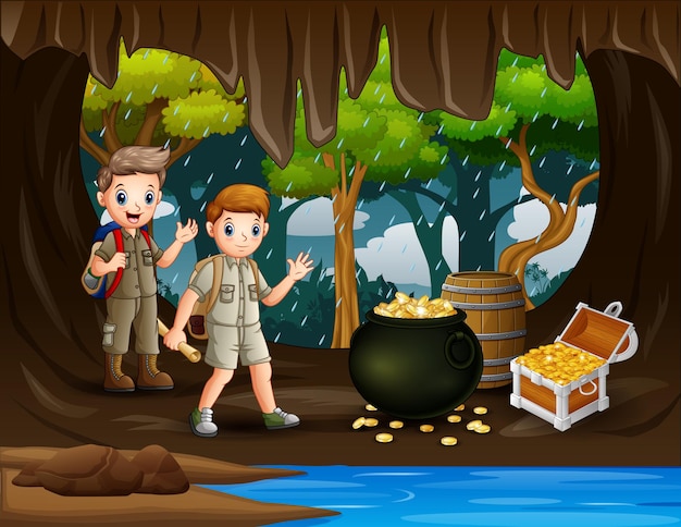 Two scout boys in the treasure cave illustration