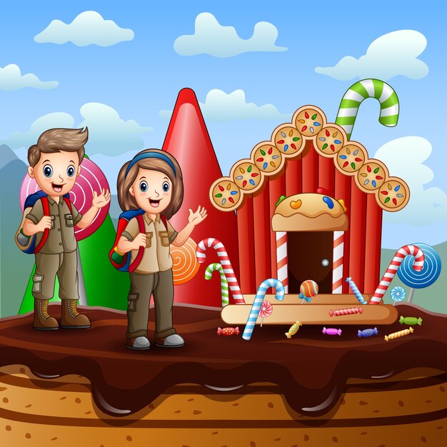 Two scouts in a fantasy sweet house illustration