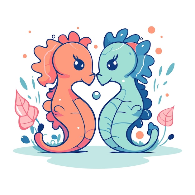 Two seahorses in love vector illustration in cartoon style