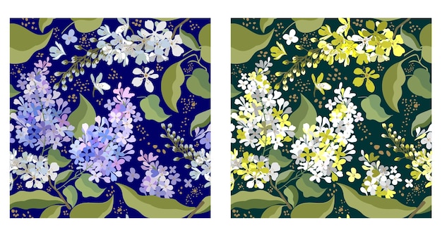 Two seamless floral patterns with lilac and bird cherry on dark-blue and dark-green background.