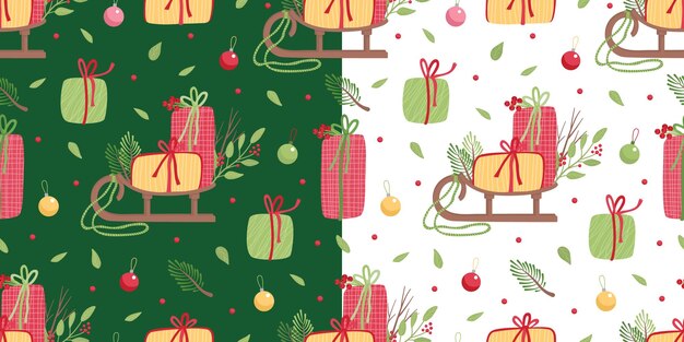 Two seamless patterns with Santa's sled Christmas baubles and gift boxes
