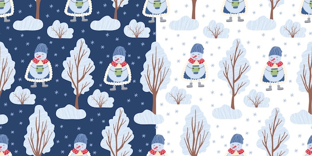 Два бесшовных узора со снеговиком и зимними деревьями на белом и синем фоне