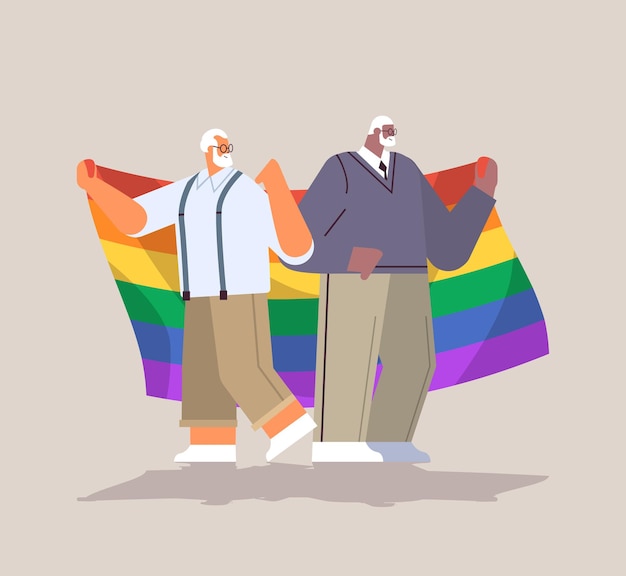 벡터 lgbt 무지개 깃발을 들고 두 수석 남자 게이 레즈비언 사랑 퍼레이드 프라이드 축제 트랜스 젠더 사랑 개념 전체 길이 벡터 일러스트 레이 션