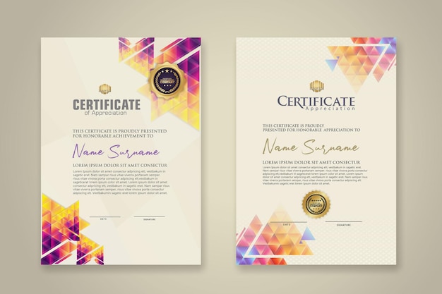 Vector two set certificate template with dynamic and futuristic polygonal color and modern background