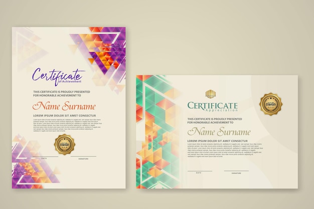 Vector two set certificate template with dynamic and futuristic polygonal color and modern background