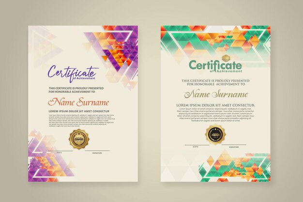 Vector two set certificate template with dynamic and futuristic polygonal color and modern background