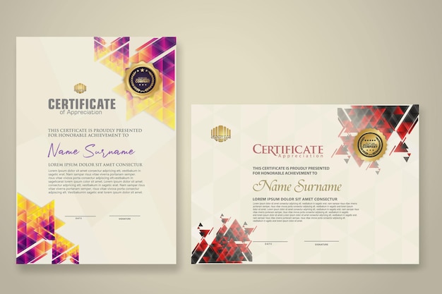 Vector two set certificate template with dynamic and futuristic polygonal color and modern background