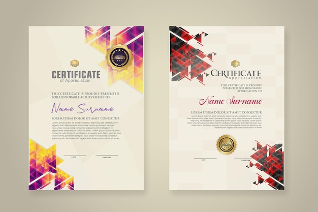 Vector two set certificate template with dynamic and futuristic polygonal color and modern background