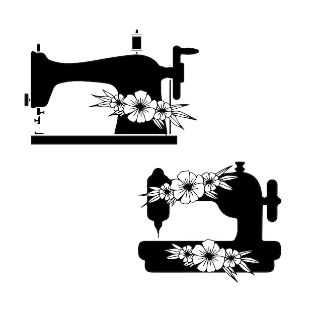 Two sewing machines with flowers on them and one of them has a black background.