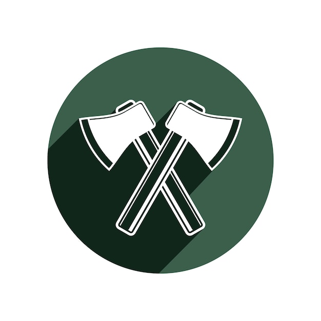 Two sharp axes crossed. Woodcutter tool, simple hatchet symbol isolated on white. Lumberjack instrument vector icon.