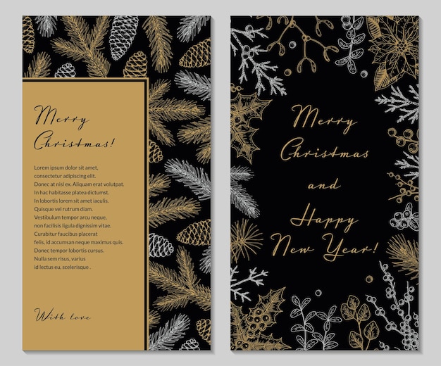 Two side merry christmas and happy new year vertical greeting card