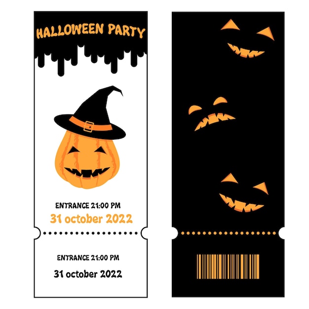 Two sides of Halloween ticket template in flat style.